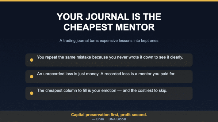 An open trading journal beside a candlestick chart on a laptop at night